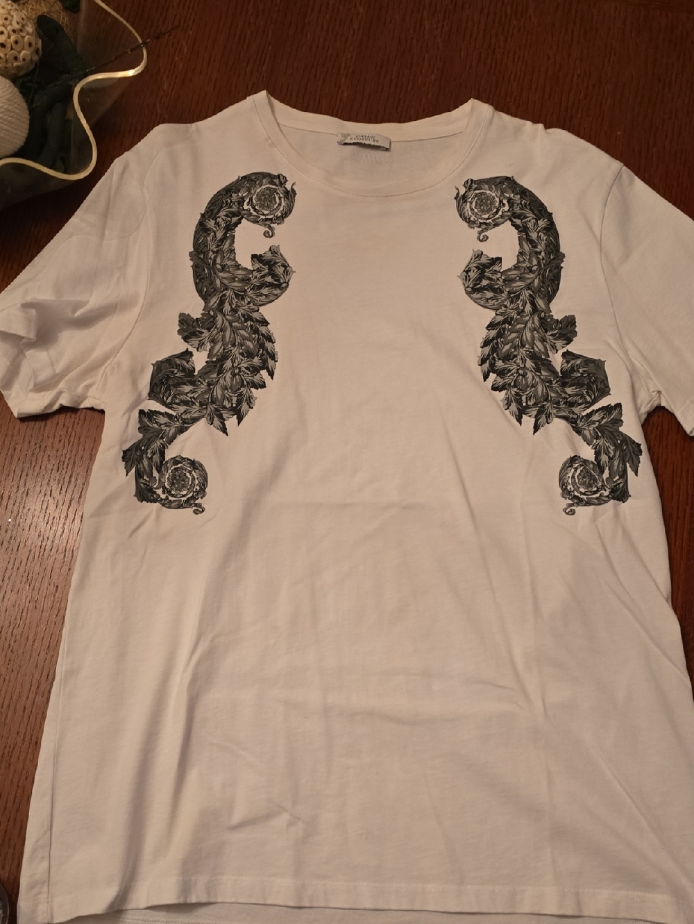 Versace Collection Men's White Graphic Crewneck T-Shirt with Black Baroque Print